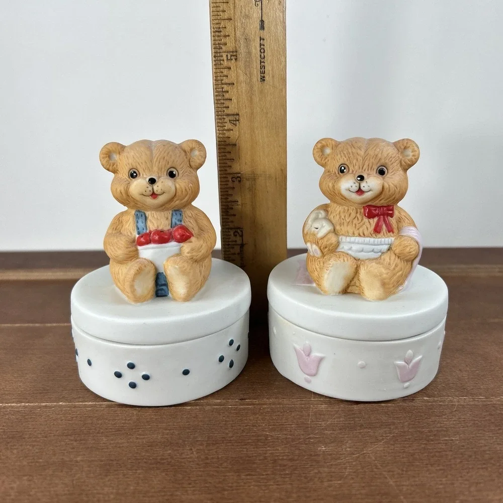 Vintage Ceramic Teddy Bear Trinket Box Pair Baby‎ Gift Decor Set Nursery